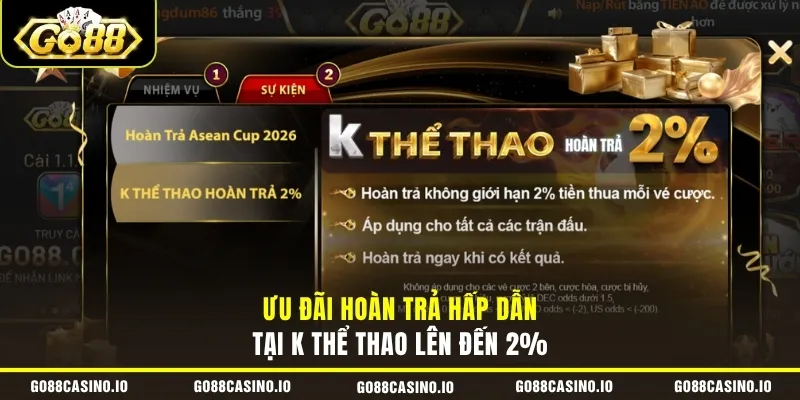 Khuyến Mãi GO88 2 Ưu đãi hoàn trả hấp dẫn tại K thể thao lên đến 2%